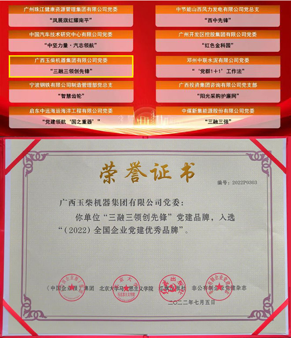 玉柴“三融三領(lǐng)創(chuàng)先鋒”黨建品牌入選“2022全國(guó)企業(yè)黨建創(chuàng)新優(yōu)秀案例”